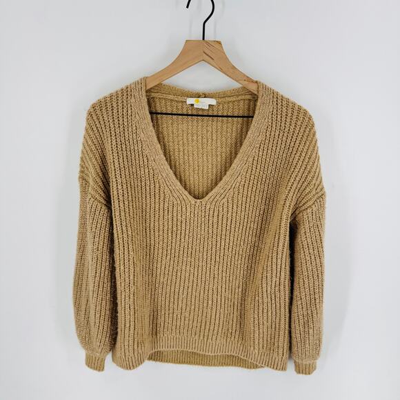 Boden Wool Blend Ribbed V-Neck Chunky Knit Sweater Tan Size 2 Minimalist Neutral - Picture 1 of 6